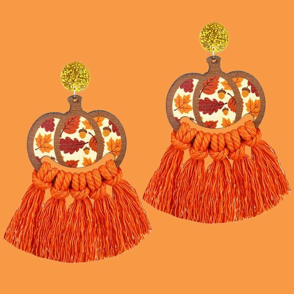 Wooden Turkey Pumpkin Maple Leaf Colorful Tassel Thanksgiving Earrings for Women - Picture 6 of 6